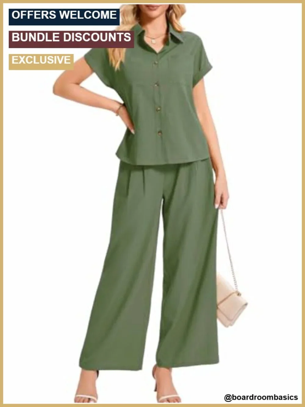 Women's 2 Piece Dressy Work Outfit - Button Down Shirt & Wide Leg Pants Set